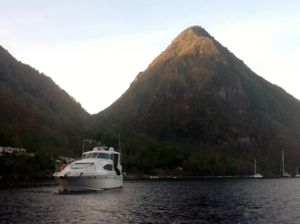 Pilot's Discretion moored between the Pitons, St. Lucia
