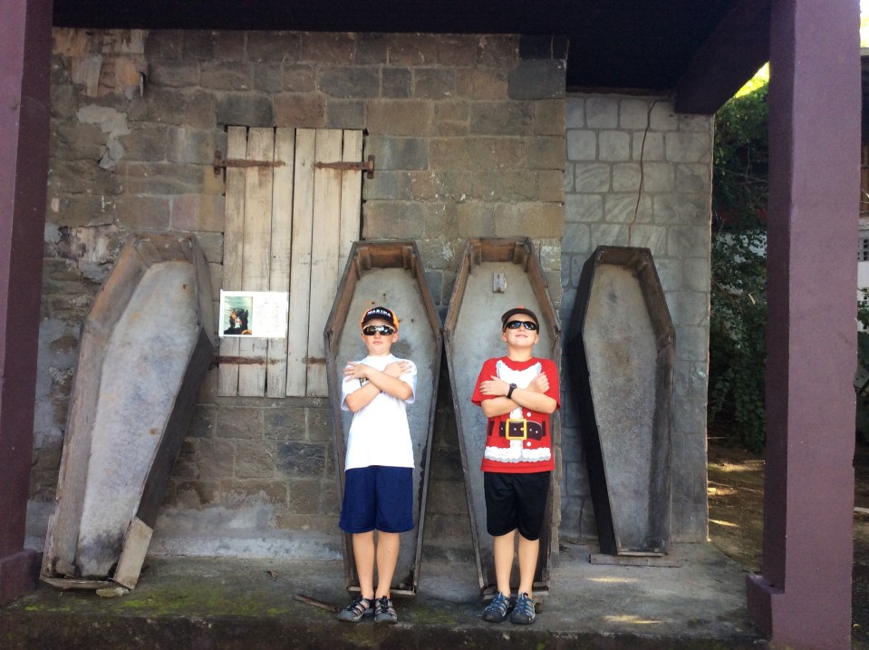 Ryan and Ronan, Pirates of the Caribbean set, Wallilabou Bay, St. Vincent