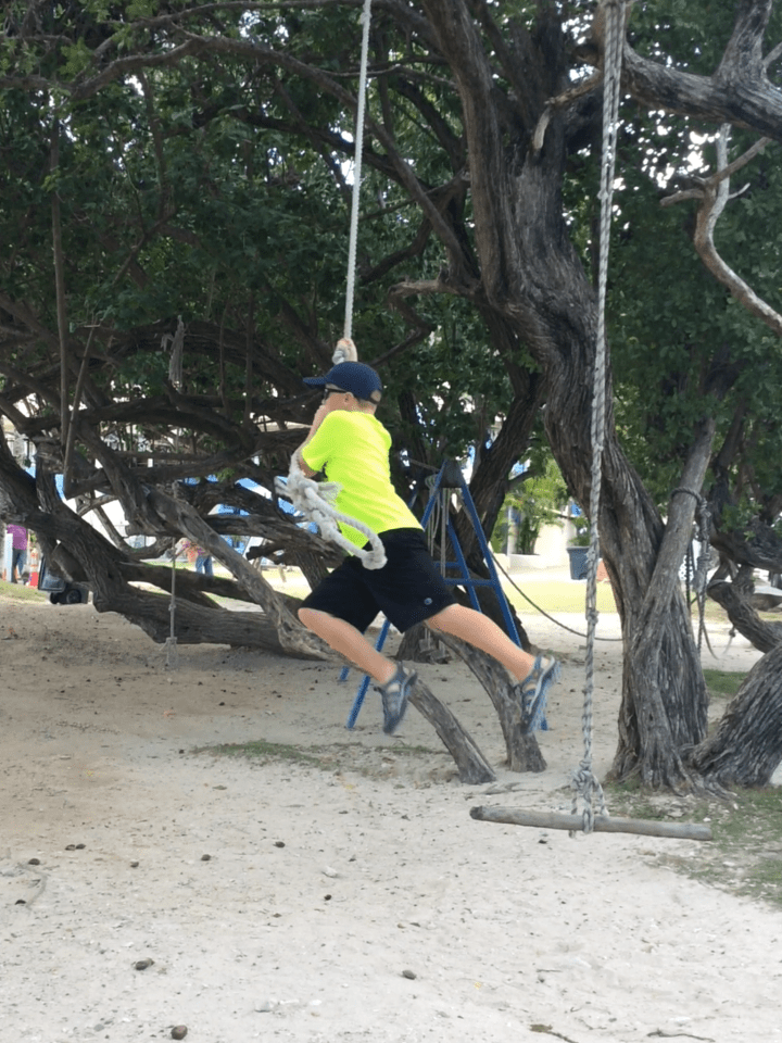 Ronan on the rope swing, Nanny Cay, BVI