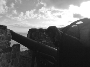 Patton taking in the view from his jet pack perch at Fort Berkeley, Antigua