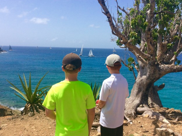 Ronan & Ryan watching the Antigua Sail Week races from atop Fort Berkeley