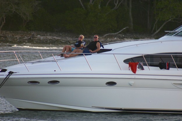 Theresa & Randy enjoying sundowners and the sunset on the bow, Salt Whistle Bay, Mayreau