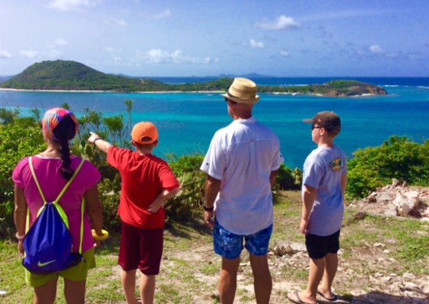 Paulette, Ryan, John & Ronan, view from atop Petite Martinique, Grenada (looking towards Petit St. Vincent)