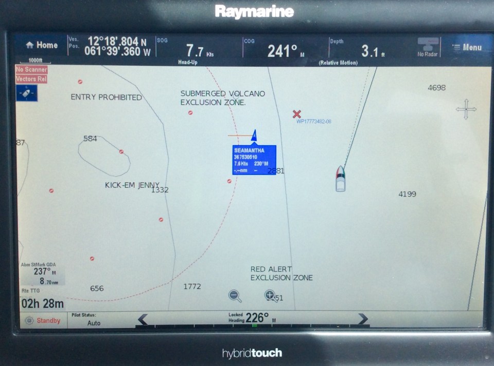 Cruising by Kick-Em-Jenny submerged volcano exclusion zone