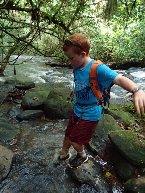 Ryan crossing the stream hiking in Grenada (no use even trying to keep those shoes dry!)