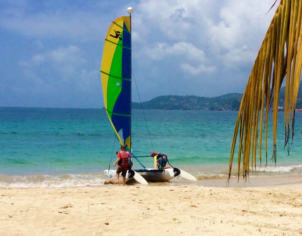 R&R taking the Hobie Cat out for a sail on Grand Anse, Grenada