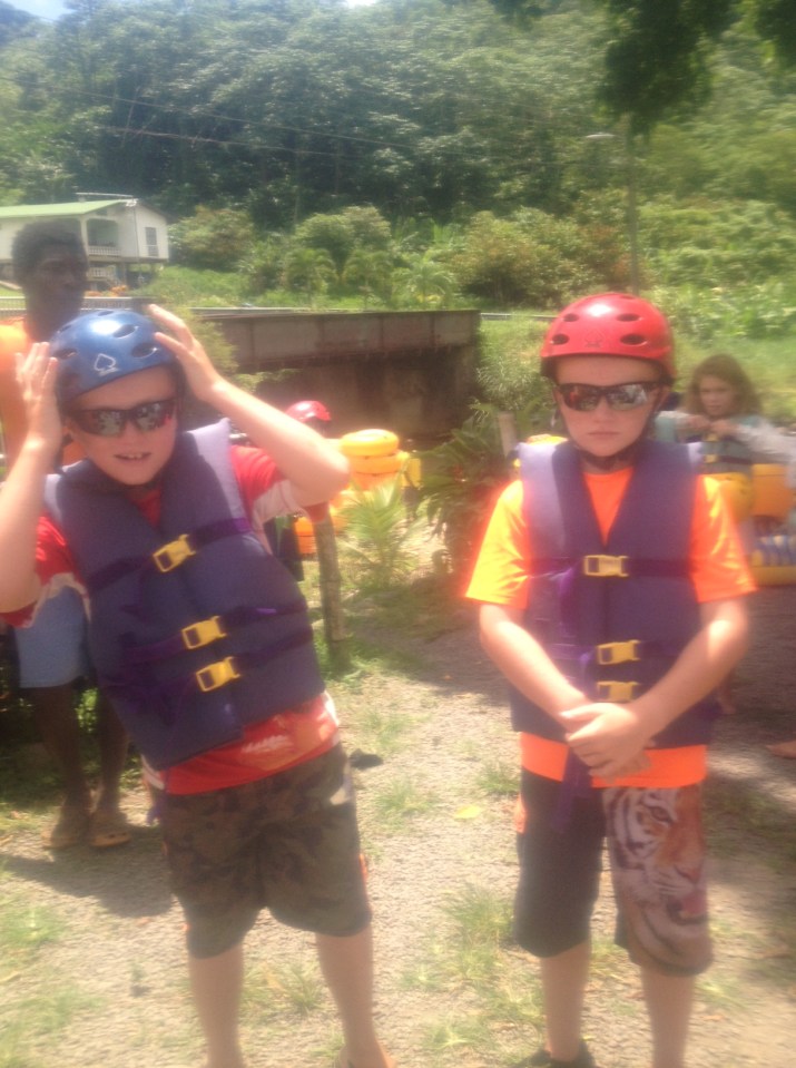 Ronan and Ryan getting ready to go tubing, Grenada