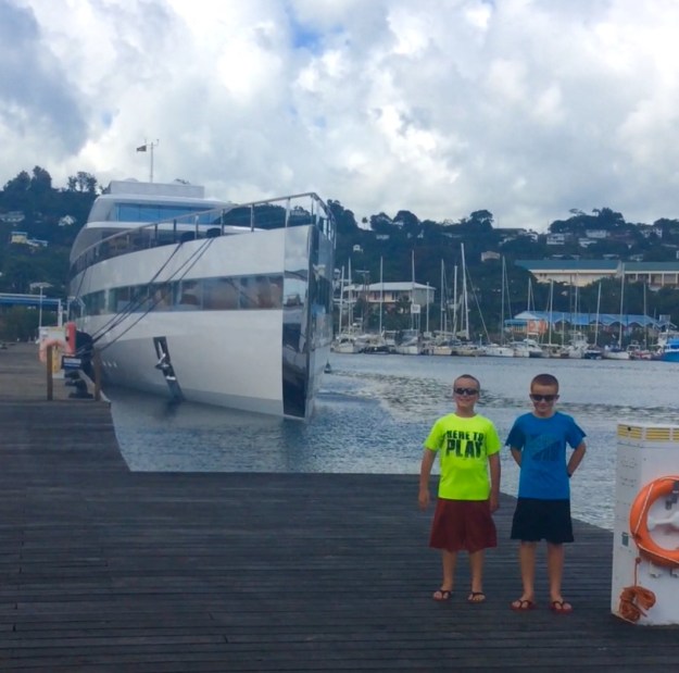 Ronan & Ryan in front of Venus, Port Louis Marina, Grenada