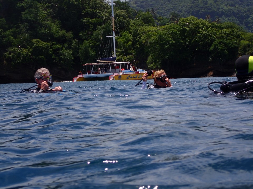 Capt. Ed & Mrs. Cheryl, getting into the water for dive #2, Molinere Bay, Grenada