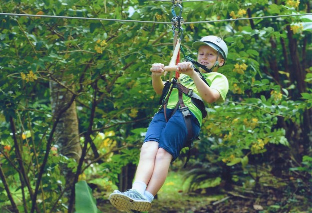 Ronan on the zip line, Rain Forest Adventures, St. Lucia