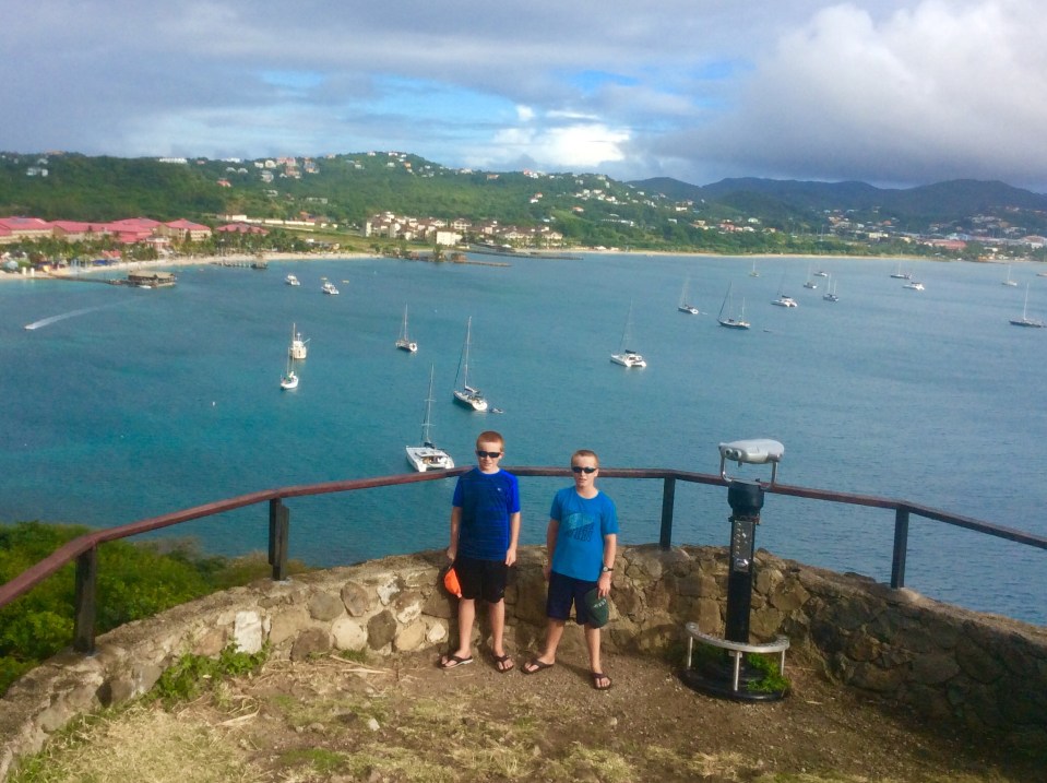 Ryan and Ronan, Pigeon Isand, Fort Rodney, St. Lucia (Sandals Resort beach in background left)