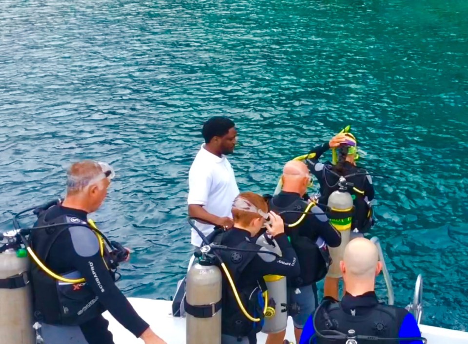 Paulette, John, Ryan & Randy stepping in, Turtle Cay dive, St. Lucia