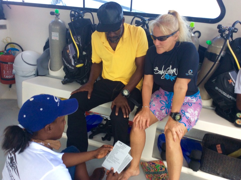 Mary, Dwight & Theresa preparing to dive, St. Lucia