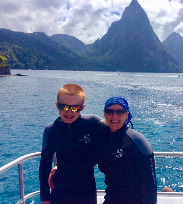 Ryan and Theresa in the shadow of the Pitons, diving in St. Lucia (Jan. 2018)
