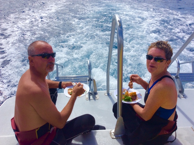 Marty and Suzanne (M/V Alizann) enjoying lunch lunch between dives in St. Lucia (Jan. 2018)