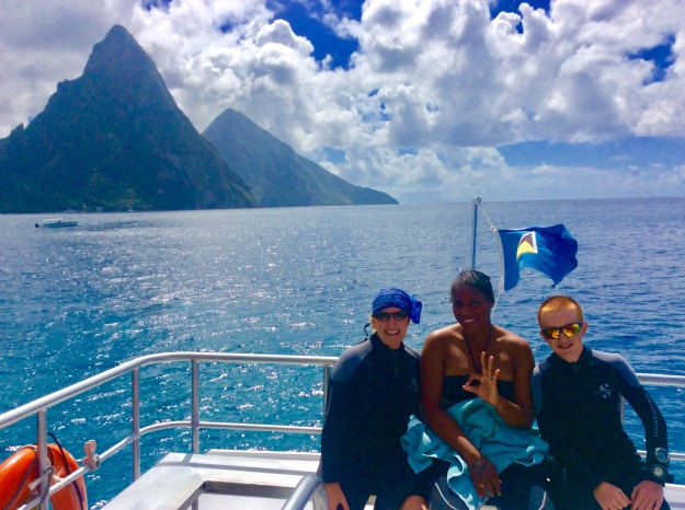Theresa, Wendy (dive instructor) & Ryan in front of the Pitons, St. Lucia (Jan. 2018)