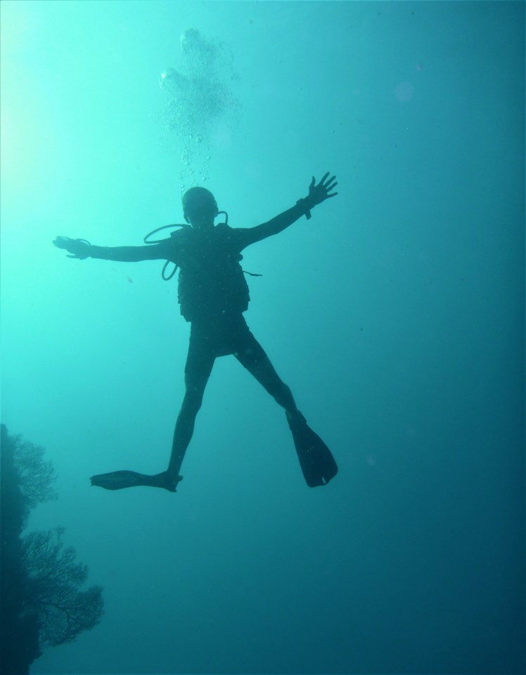 Neutrally buoyant Ryan at the Lesleen M Wreck in St. Lucia (Jan. 2018)