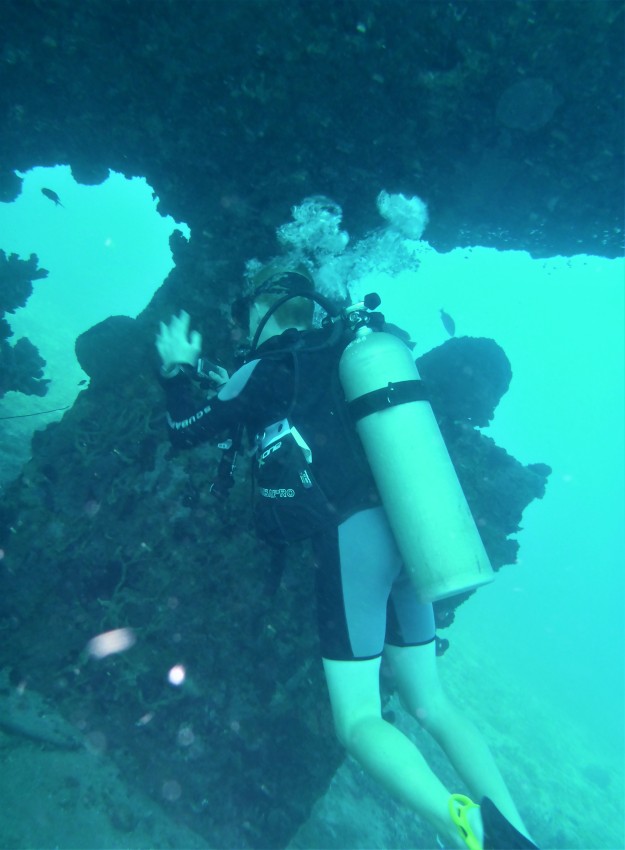 Ryan exploring the rudder of the Lesleen M Wreck in St. Lucia (Jan. 2018)