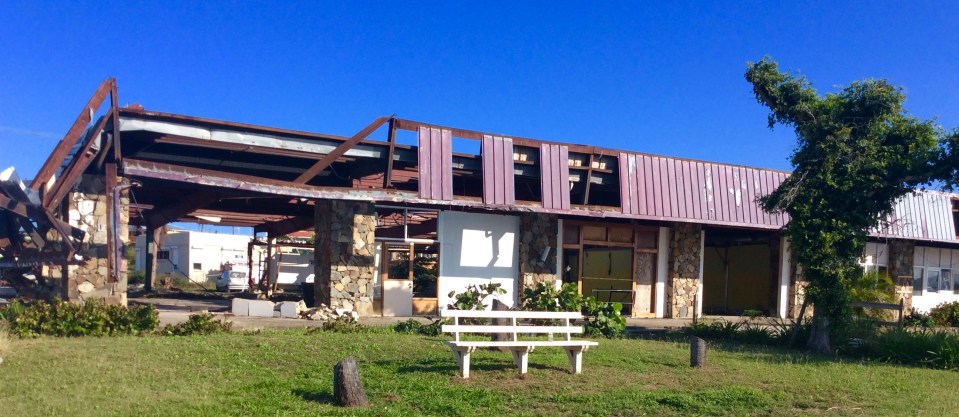 Virgin Gorda Yacht Harbor, old grocery store (missing roof, walls & windows), Virgin Gorda, British Virgin Islands (March 2018)