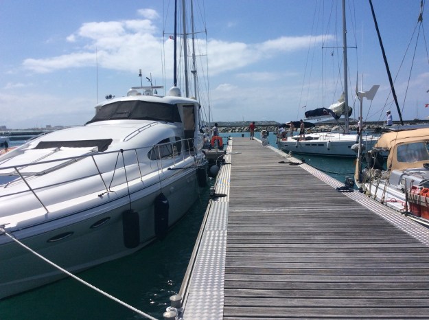 Pilots' Discretion in her slip (floating docks), Fort Louis Marina, St. Martin (March 2018)