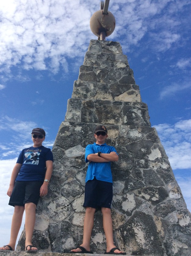Ronan & Ryan at the Christopher Columbus monument, Long Island, Bahamas