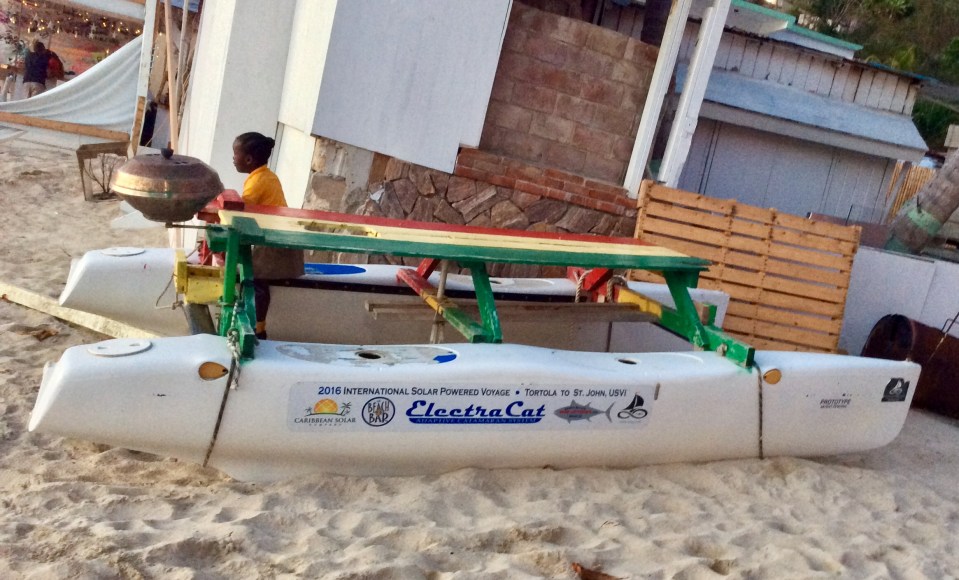 Solar powered picnic table catamaran, Cane Garden Bay, Tortola, British Virgin Islands (2018)