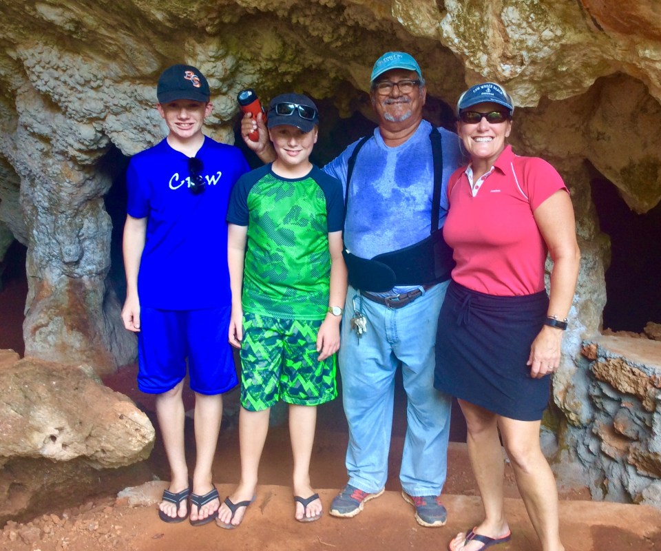 Ryan, Ronan, Leonard (our guide) and Theresa, Cave, Long Island, Bahamas
