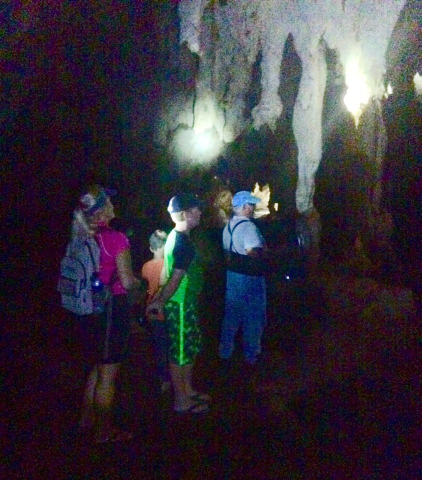 Theresa, Ronan & Leonard (guide) observing the bats in the cave, Long Island, Bahamas