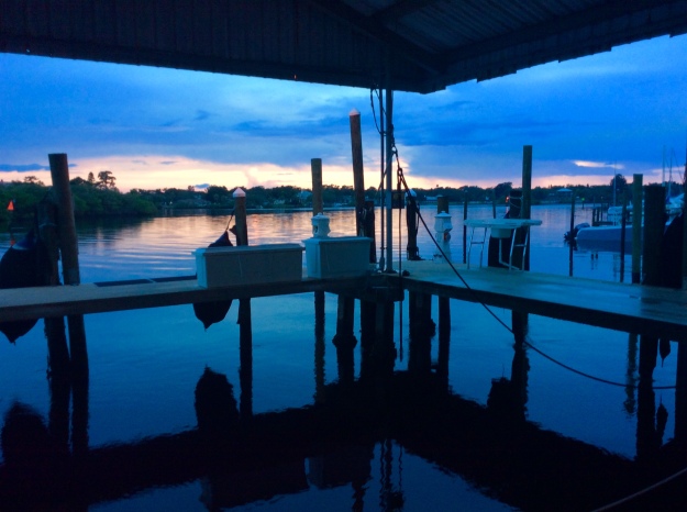 Sunset from Pilots' Discretion, back in her home port slip at Port Tarpon Marina