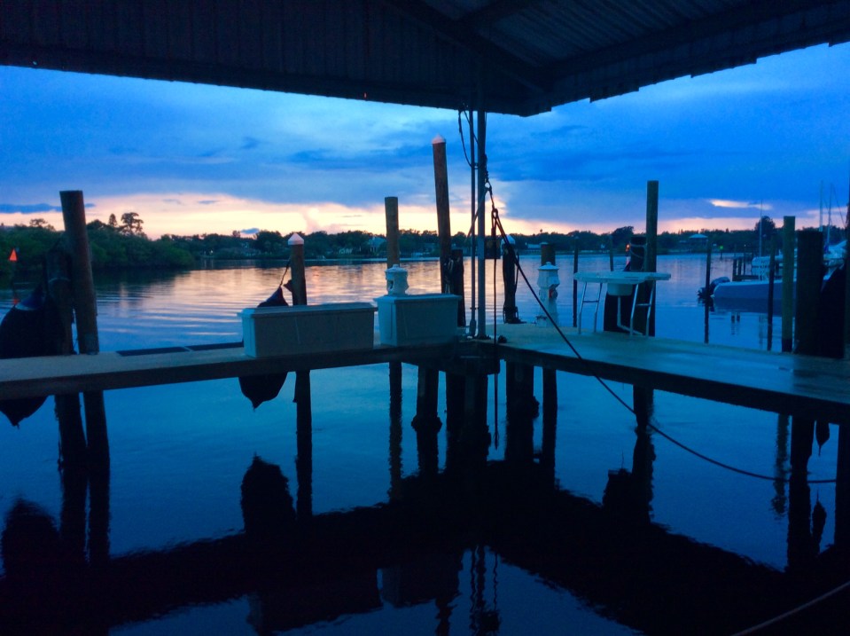 Sunset from Pilots' Discretion, back in her home port slip at Port Tarpon Marina