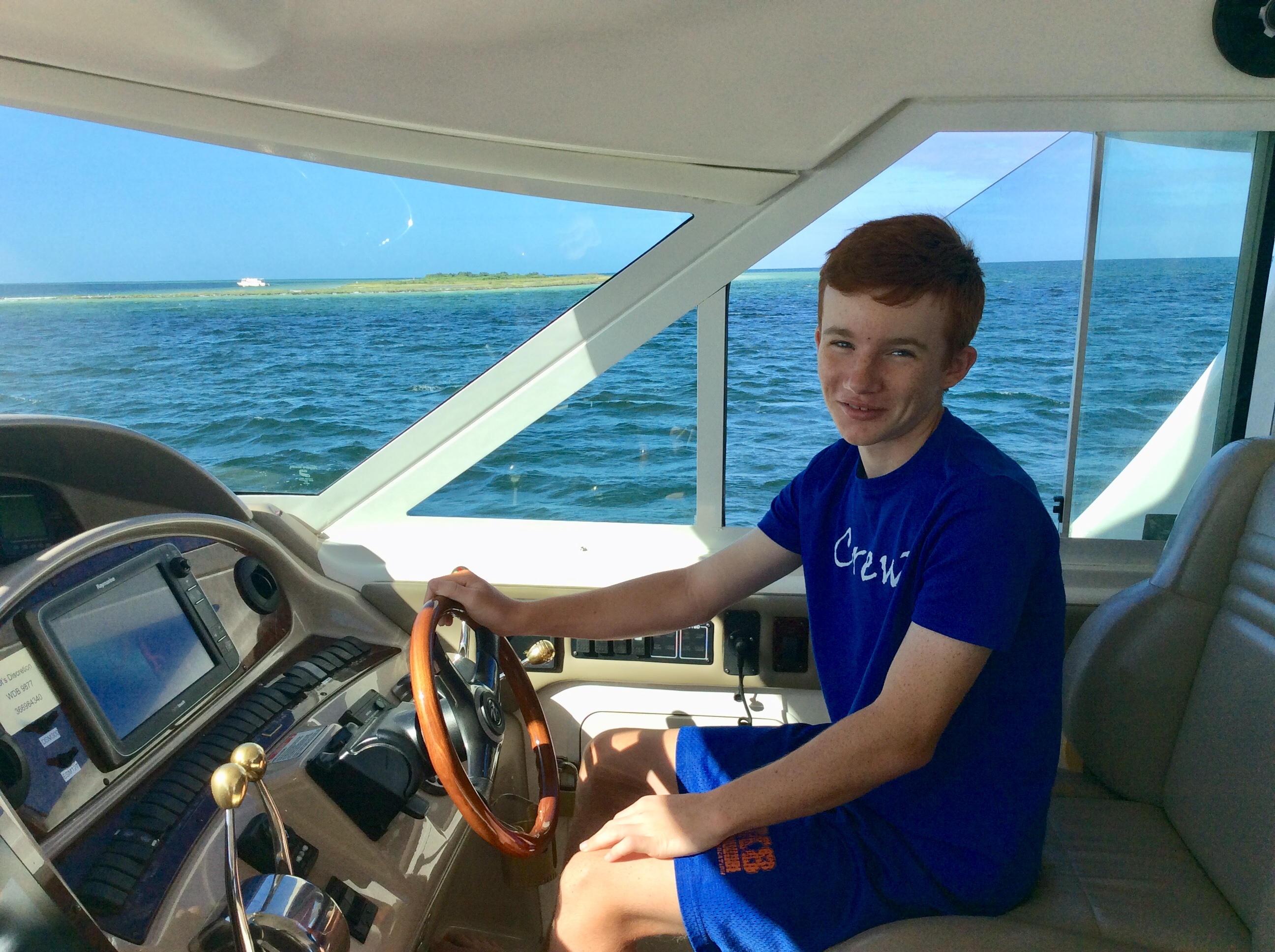 Ryan at the helm cruising past Three Rooker Bar (Nov. 2019)